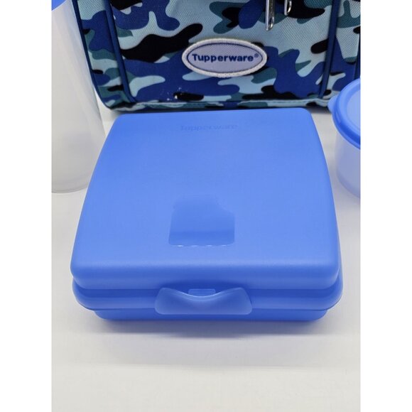 Tupperware Lunch Box Blue Camouflage Lunchbox Cup Container Sandwich Keeper 4 Pc - Picture 2 of 15